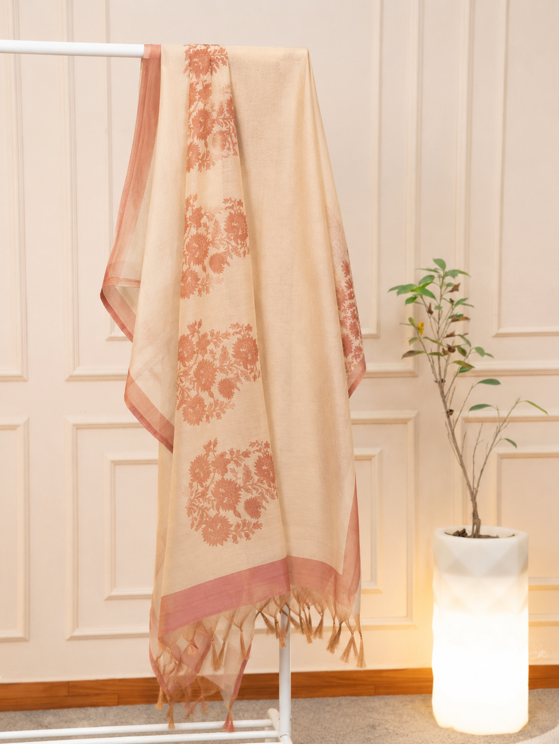 Elegant Peach & Terracotta Floral Chanderi Unstitched Suit Set