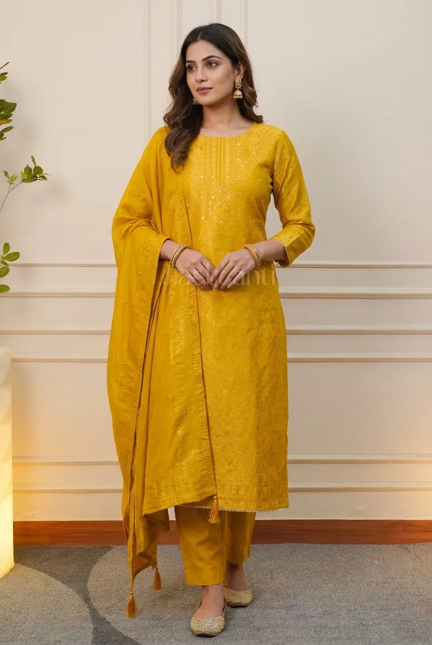 Mustard Yellow Embroidered Suit Set