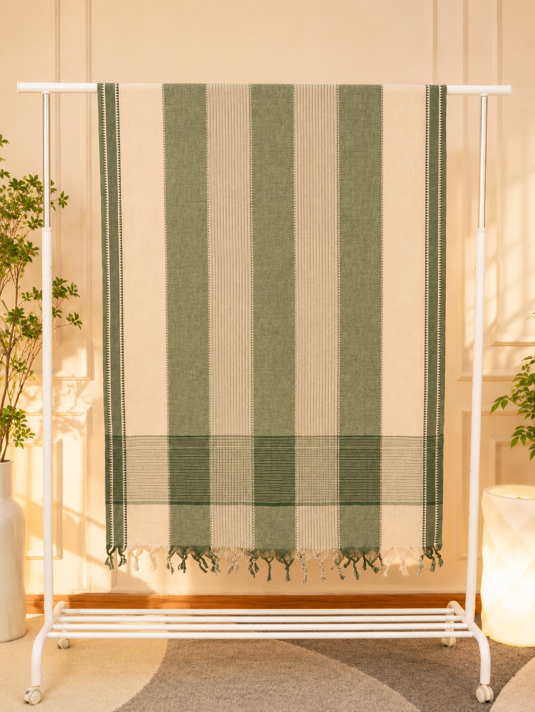 Handcrafted Pastel Beige & Sage Green Handloom Cotton Unstitched Suit Set