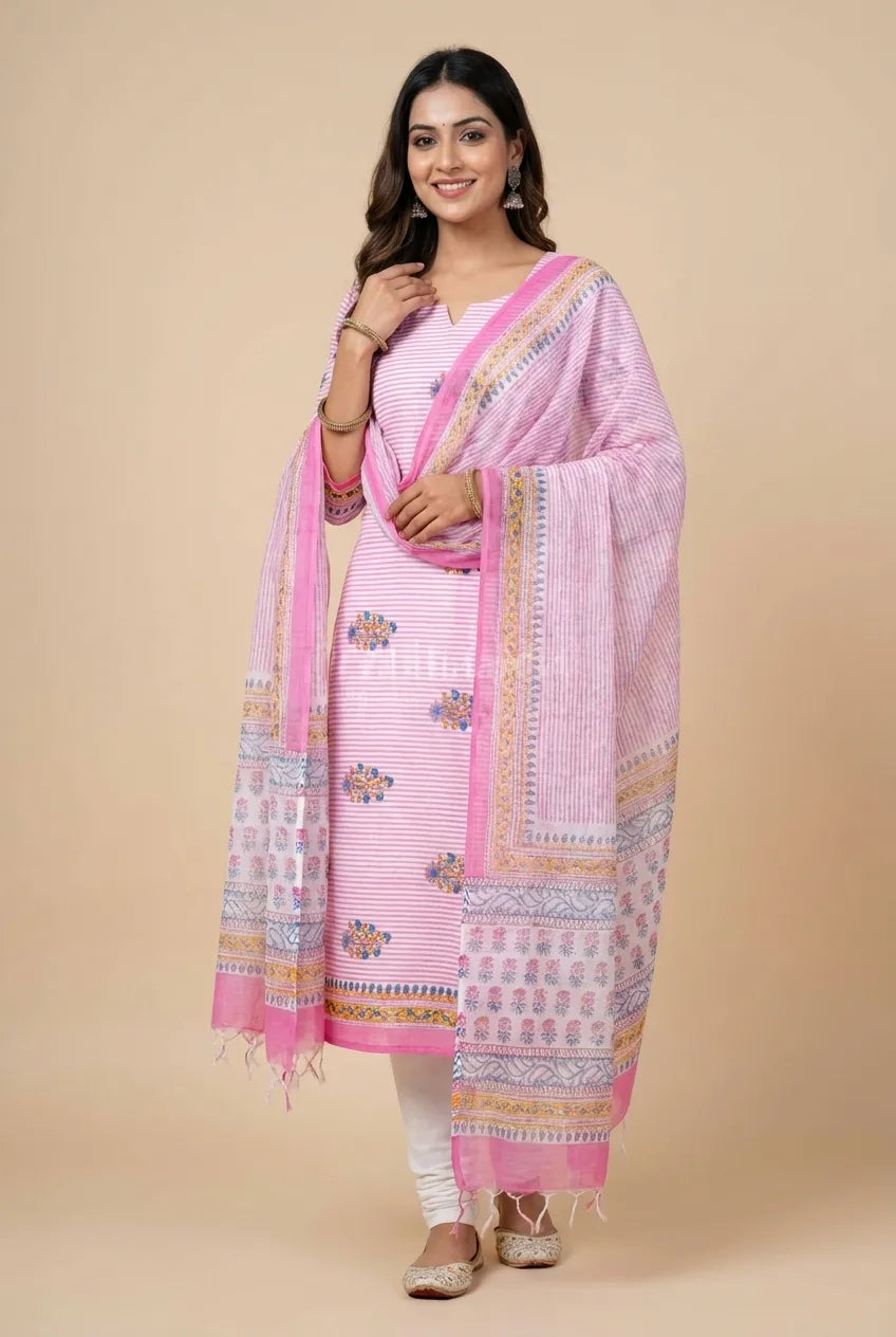 Pink Striped Unstitched Suit Set