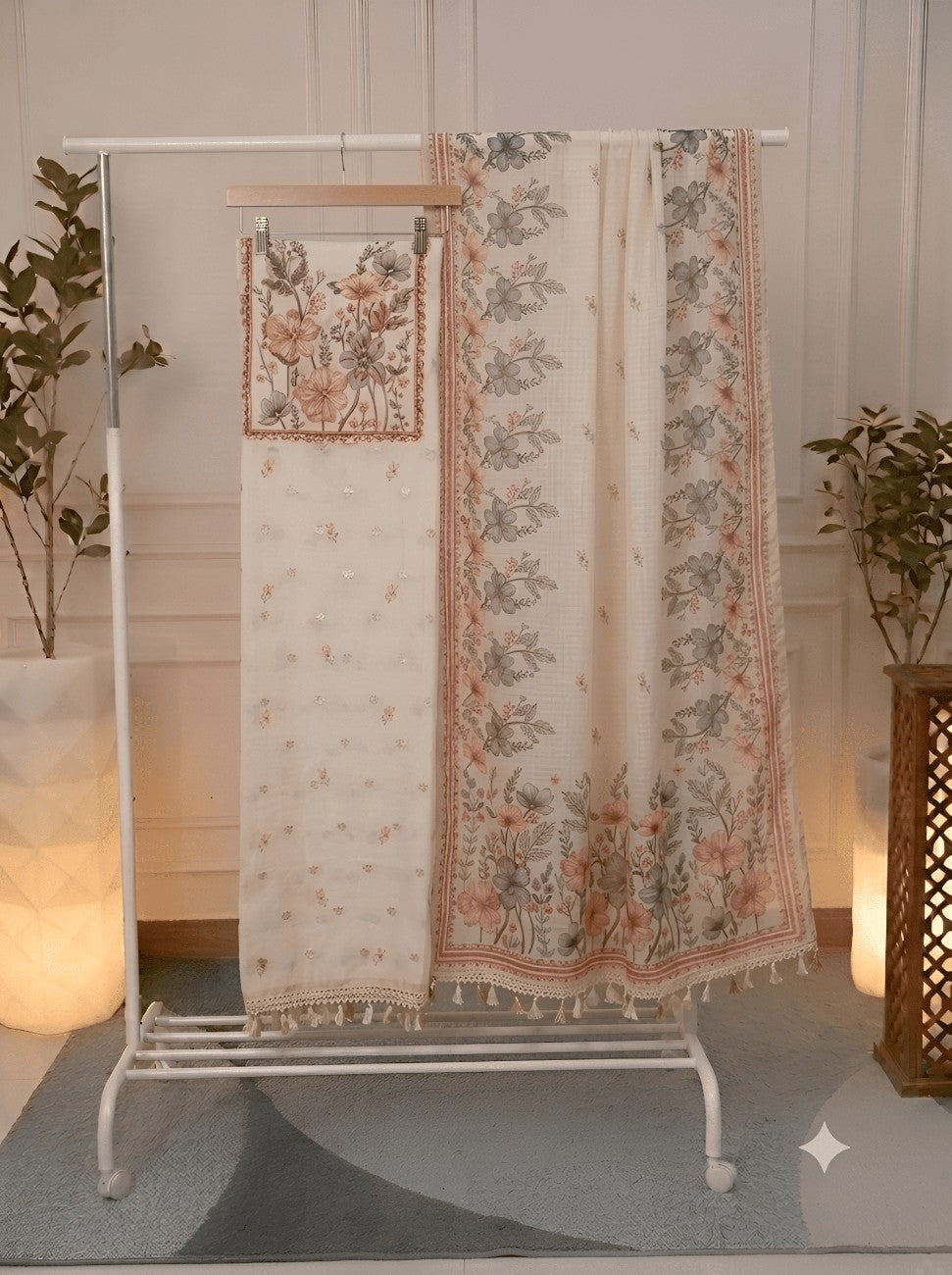 Pearl White Embroidery Floral Kota Unstitched Suit Set