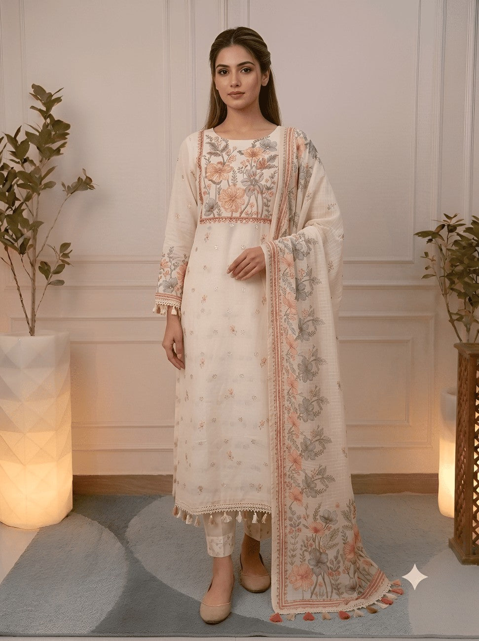 Pearl White Embroidery Floral Kota Unstitched Suit Set