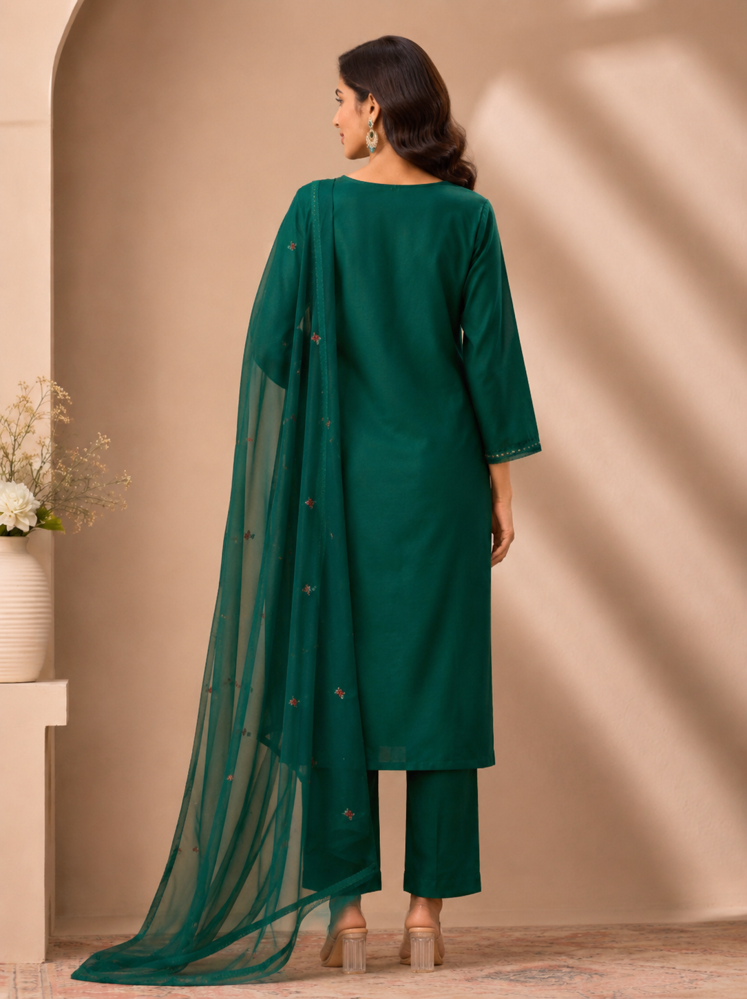 Emerald Forest Embroidered Muslin Suit Set with Dupatta