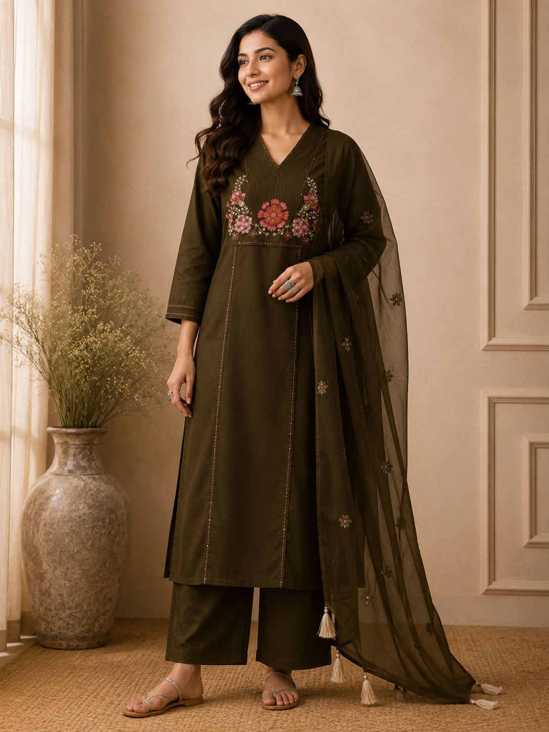 Olive Green Embroidered Cotton-Linen Panel Suit Set