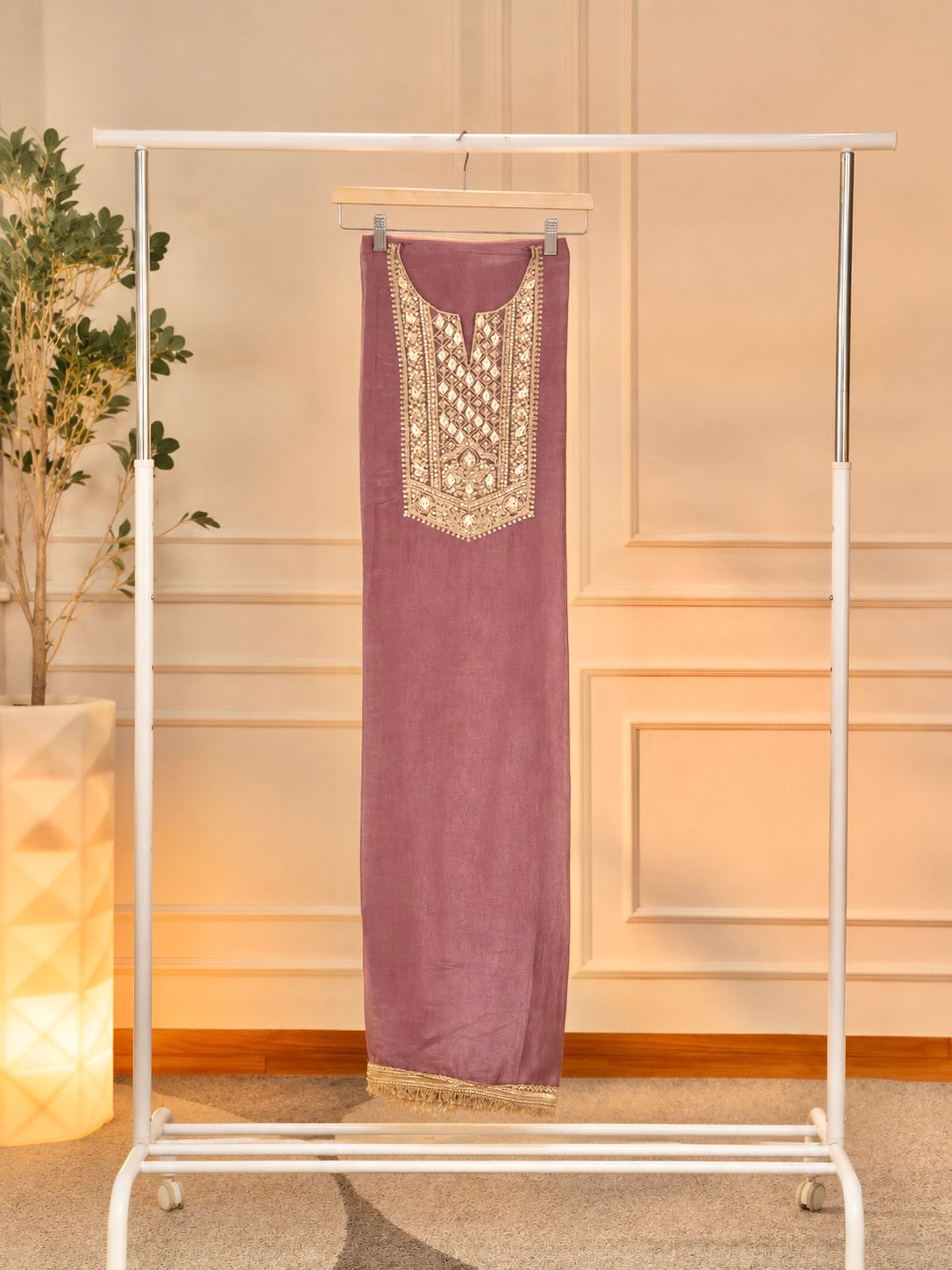 Elegant Mauve-Pink Tissue Chanderi Unstitched Suit Set