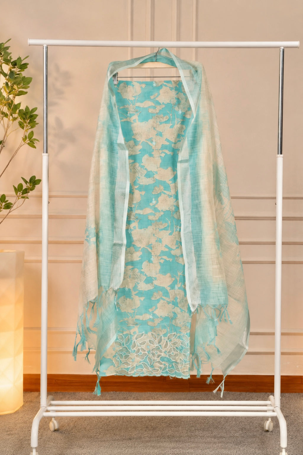 Vibrant Turquoise Blue Floral Chanderi Unstitched Suit Set