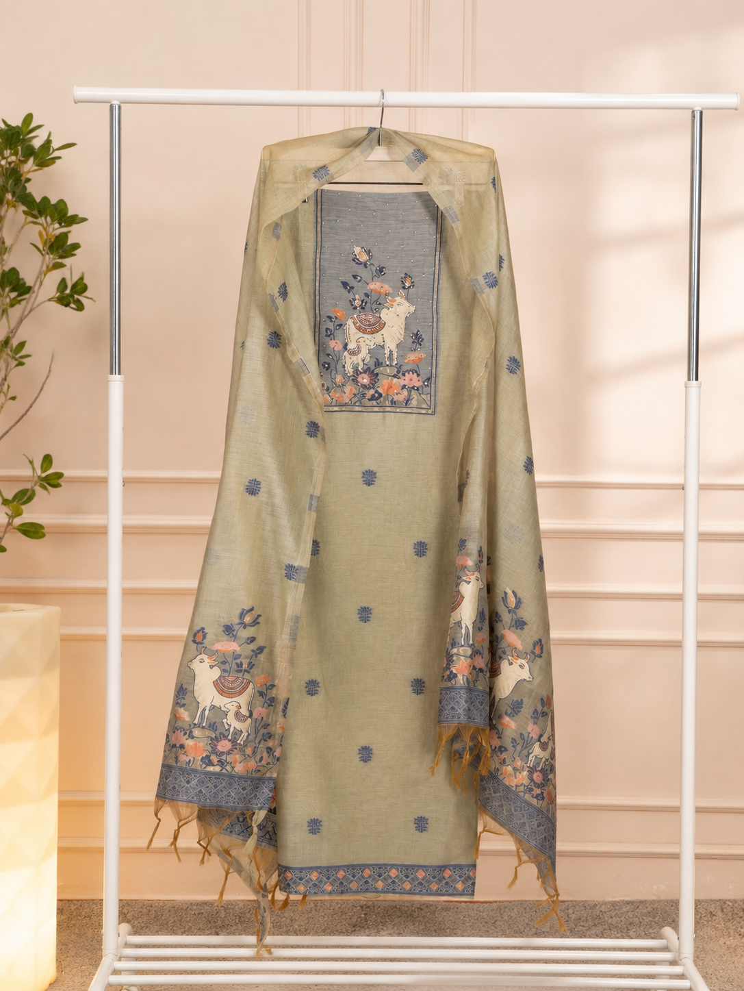 Pichwai-Inspired Sage Green Cotton-Silk Unstitched Suit Set