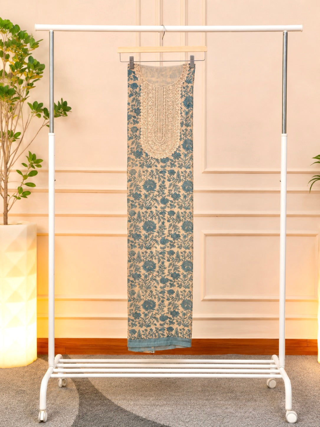 Elegant Ivory & Indigo Blue Chanderi Floral Unstitched Suit Set