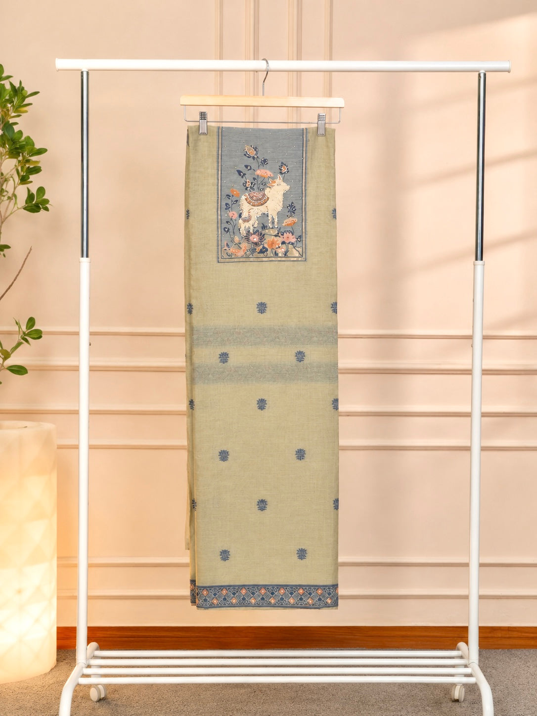 Pichwai-Inspired Sage Green Cotton-Silk Unstitched Suit Set