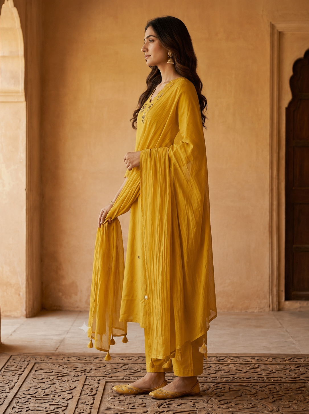 Mustard Yellow Cotton-Silk Mirror Work Suit Set