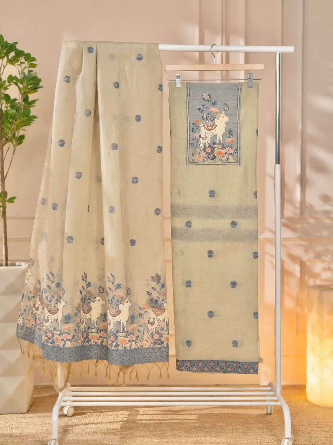 Pichwai-Inspired Sage Green Cotton-Silk Unstitched Suit Set
