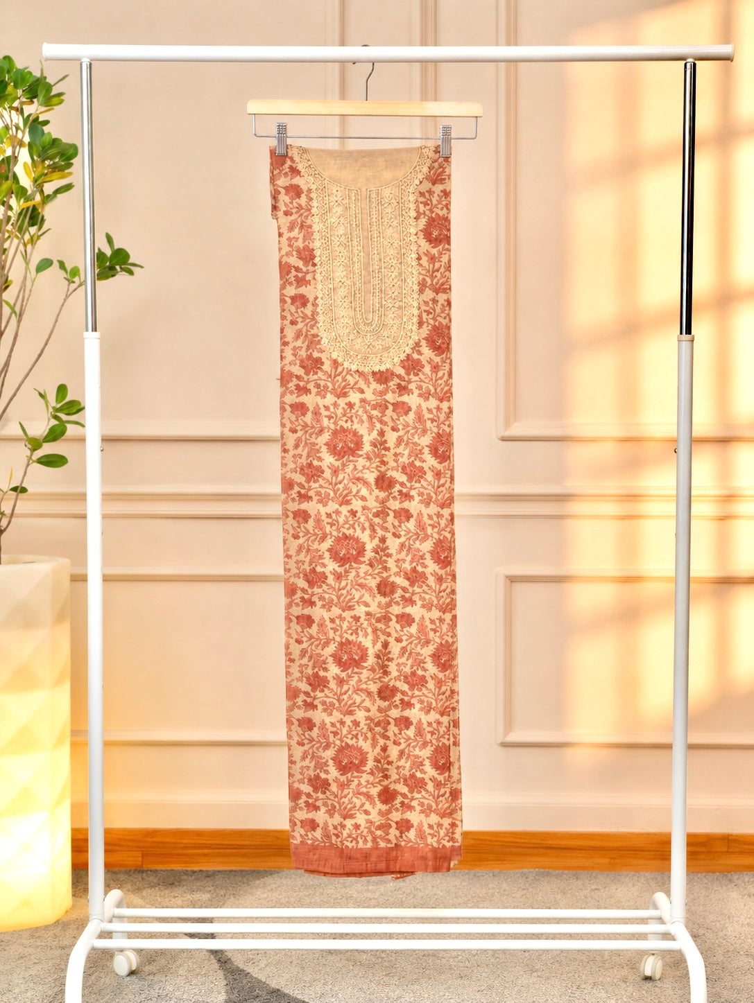 Elegant Peach & Terracotta Floral Chanderi Unstitched Suit Set