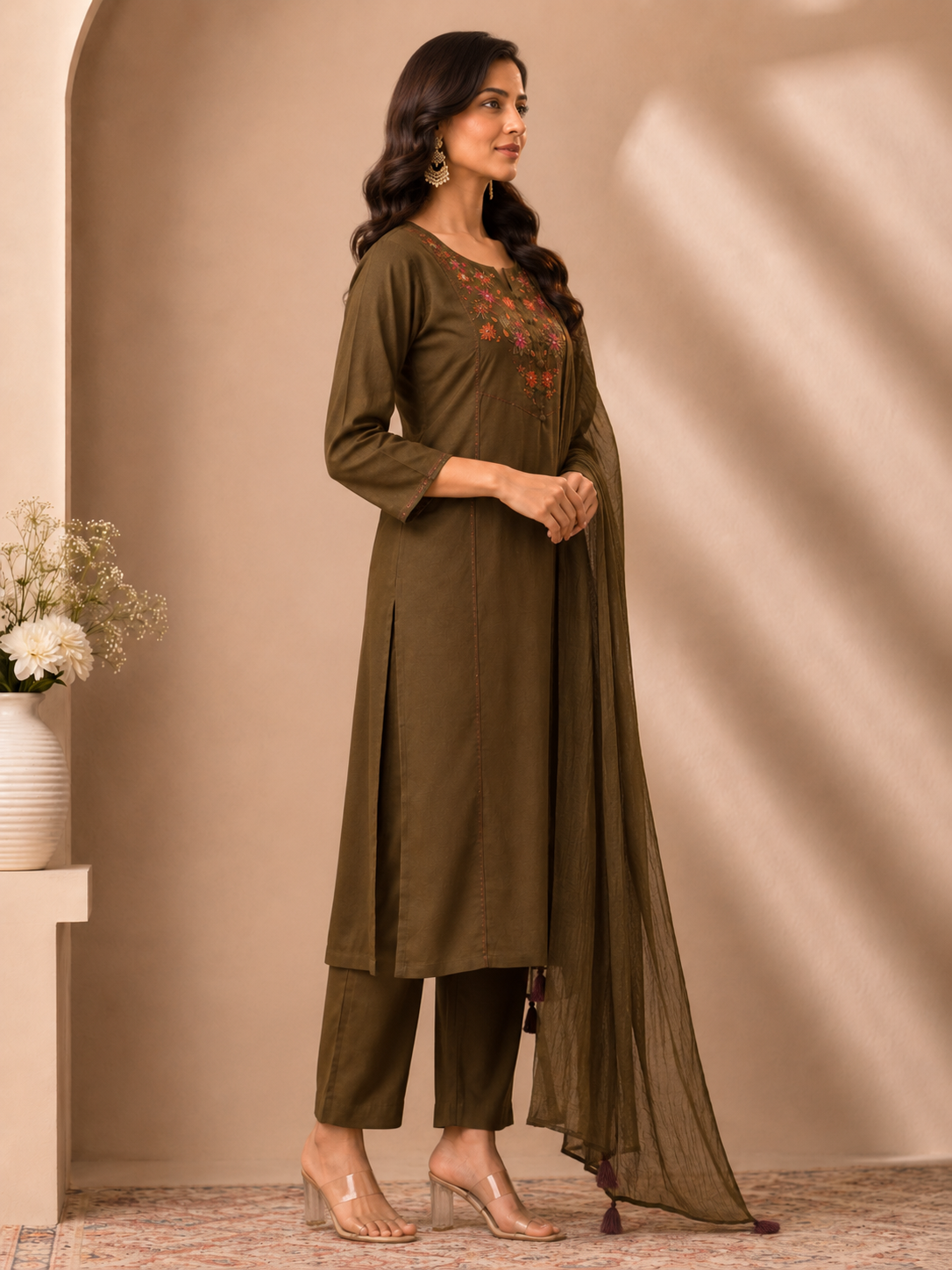 Olive Earth Hand-Embroidered Cotton Muslin Co-ord Set with Crushed Dupatta
