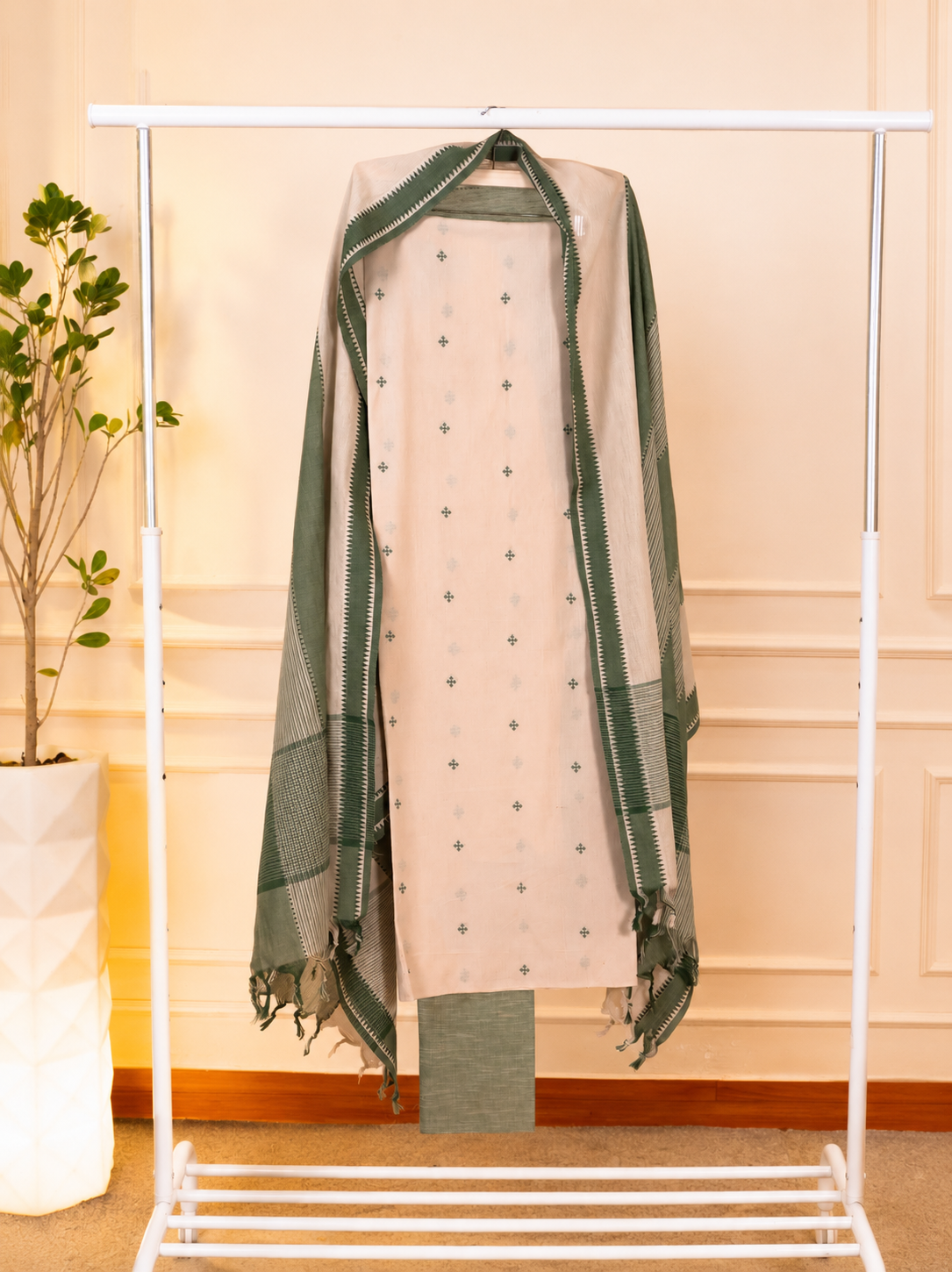 Handcrafted Pastel Beige & Sage Green Handloom Cotton Unstitched Suit Set
