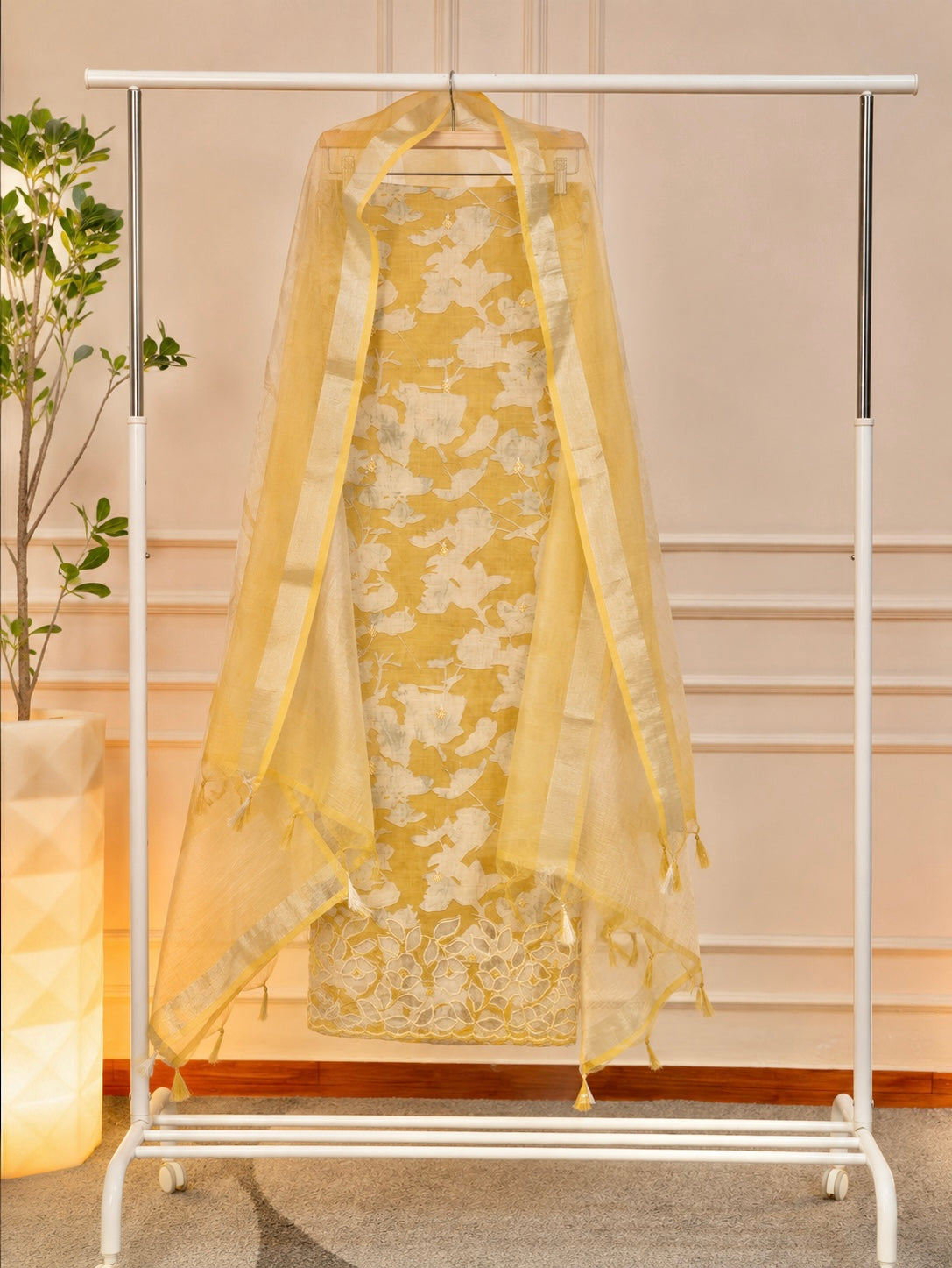 Radiant Mustard Yellow Floral Chanderi Unstitched Suit Set
