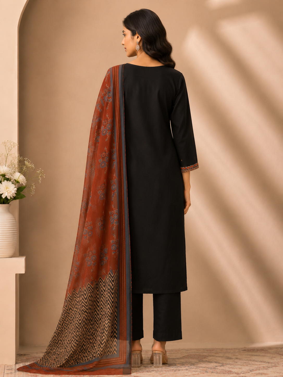 Midnight Black Ethnic Embroidered Kurta Set with Rust Printed Dupatta