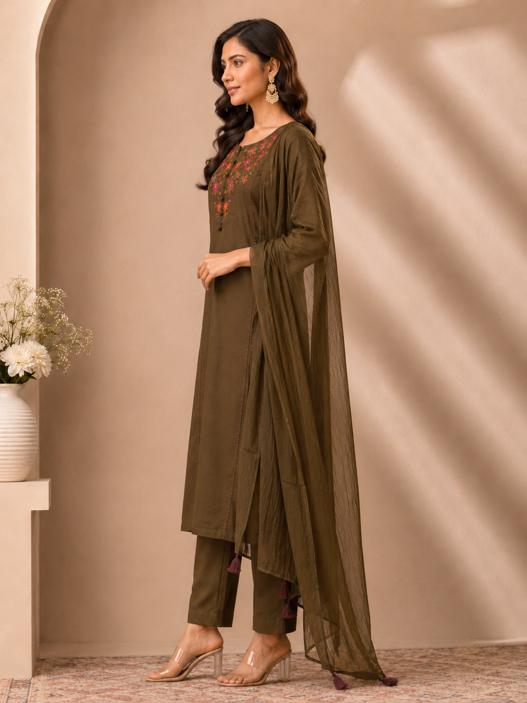 Olive Earth Hand-Embroidered Cotton Muslin Co-ord Set with Crushed Dupatta