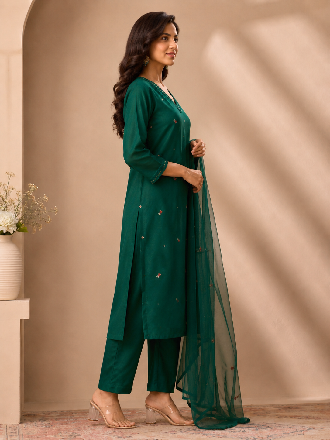 Emerald Forest Embroidered Muslin Suit Set with Dupatta