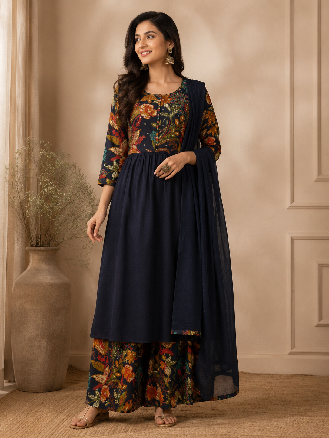 Midnight Navy Kalamkari Print Anarkali Suit Set