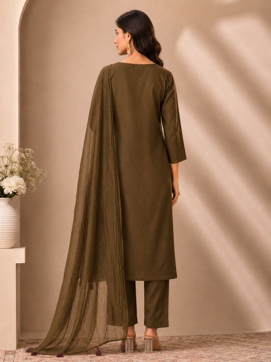 Olive Earth Hand-Embroidered Cotton Muslin Co-ord Set with Crushed Dupatta
