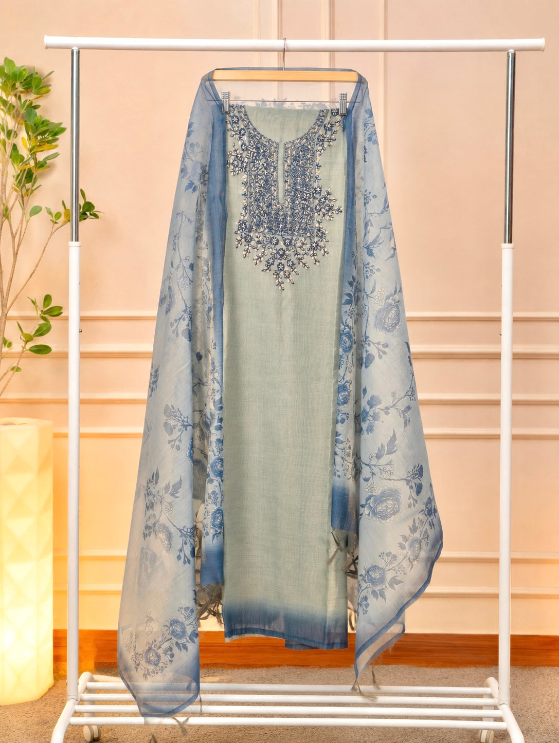 Serene Pastel Green & Blue Organza Unstitched Suit Set