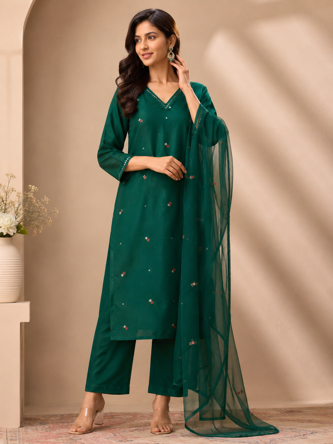 Emerald Forest Embroidered Muslin Suit Set with Dupatta