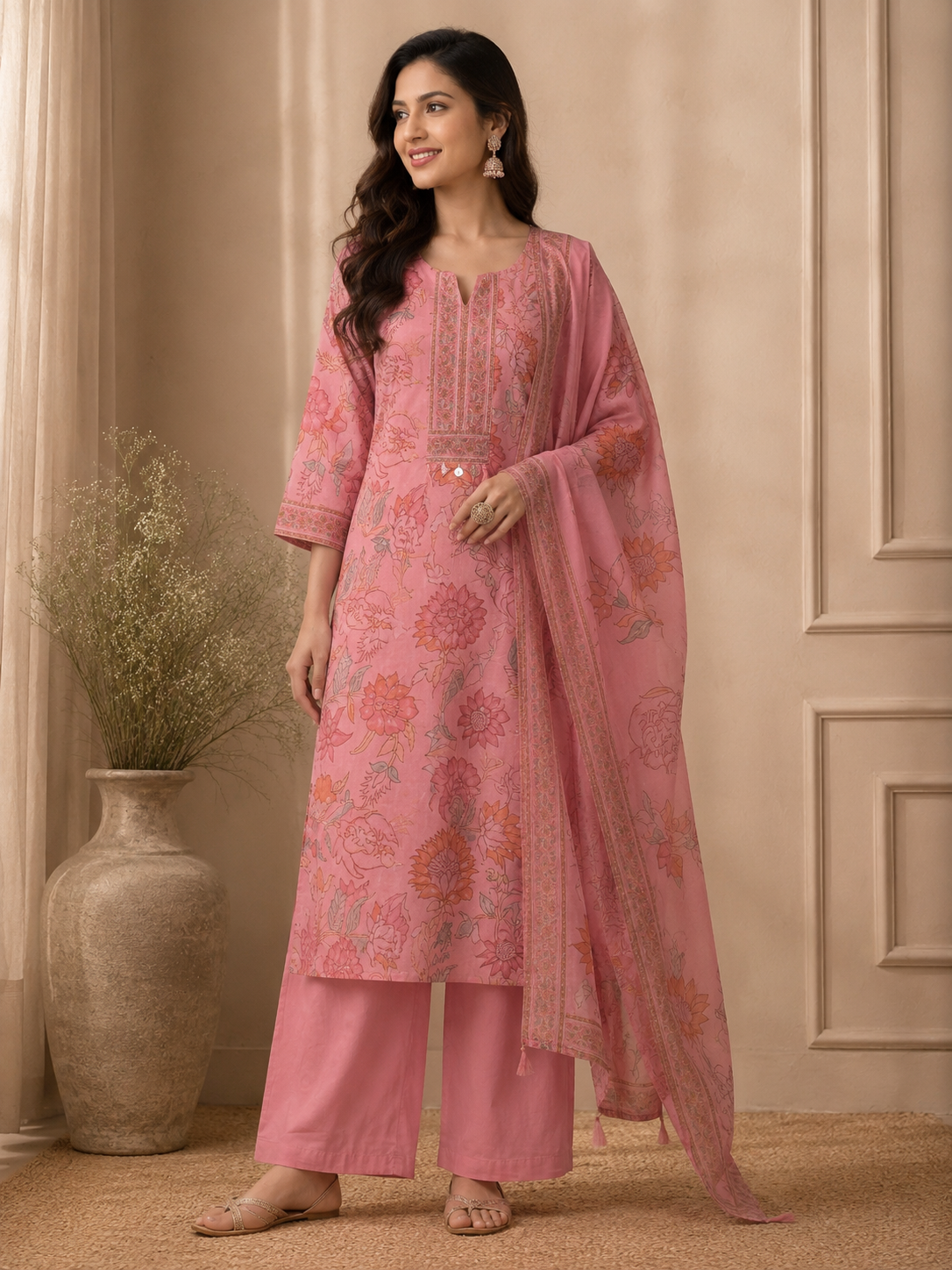 Blush Pink Floral Printed Cotton Suit Set
