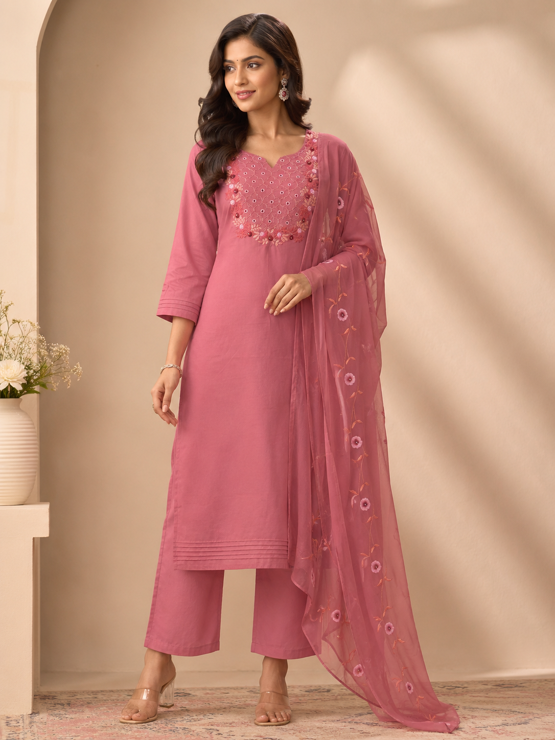 Dusty Rose Embroidered Muslin Suit Set with Floral Organza Dupatta