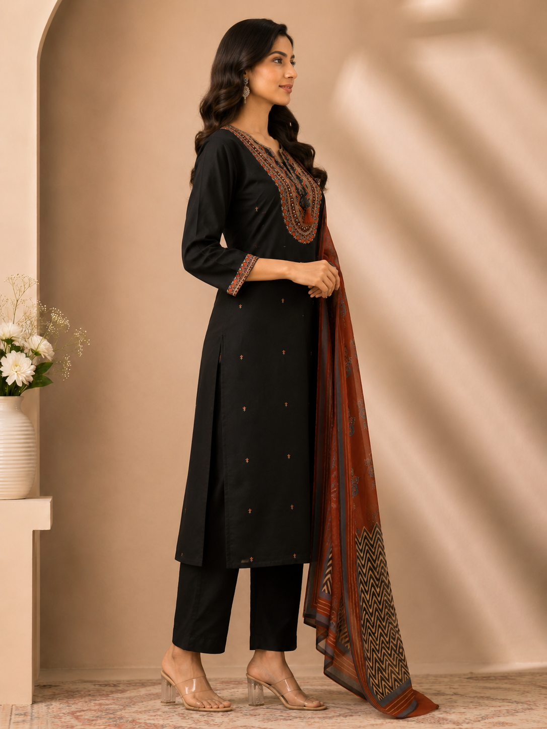 Midnight Black Ethnic Embroidered Kurta Set with Rust Printed Dupatta