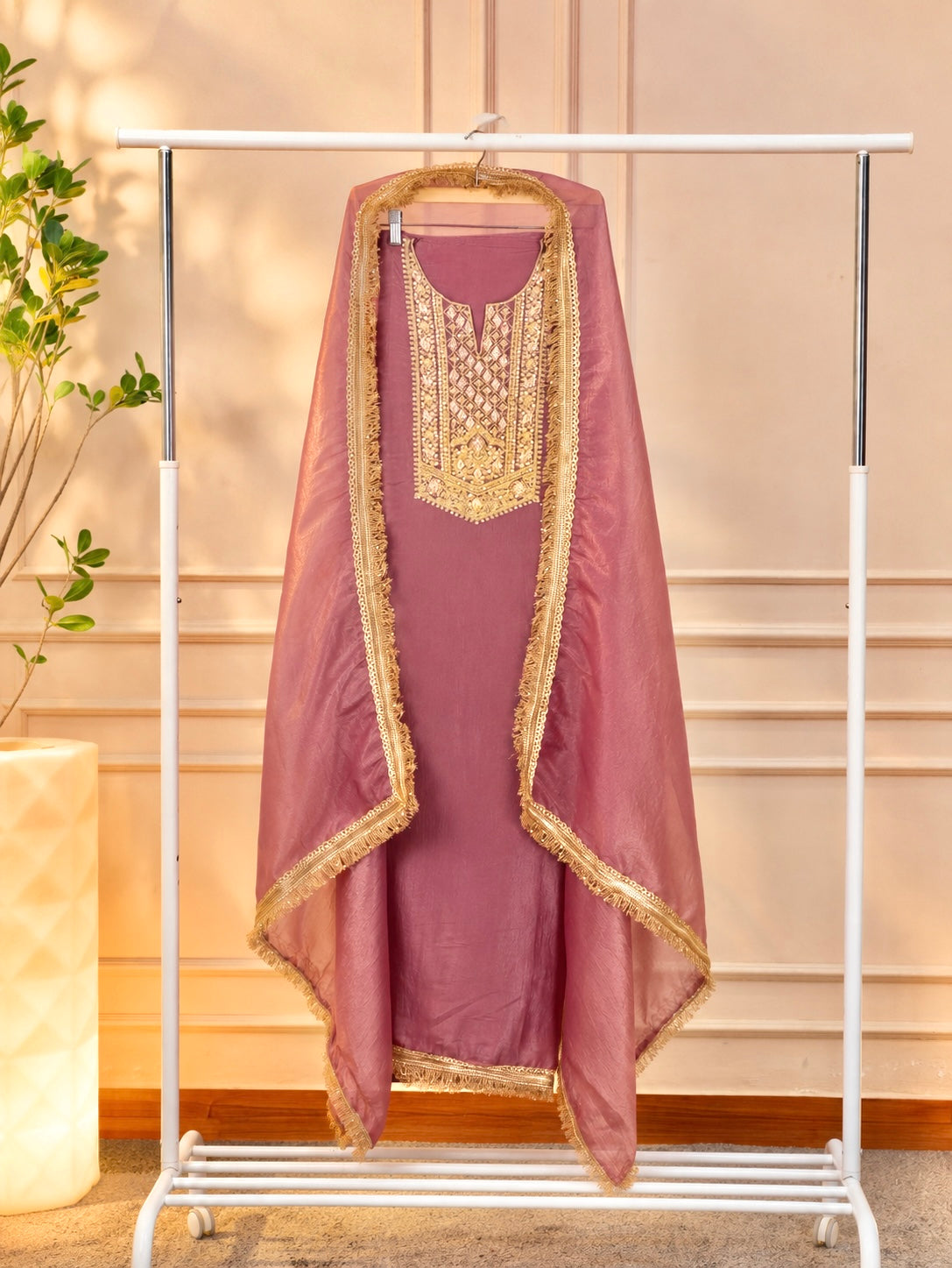 Elegant Mauve-Pink Tissue Chanderi Unstitched Suit Set