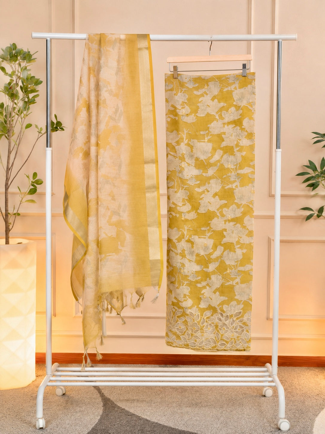 Radiant Mustard Yellow Floral Chanderi Unstitched Suit Set