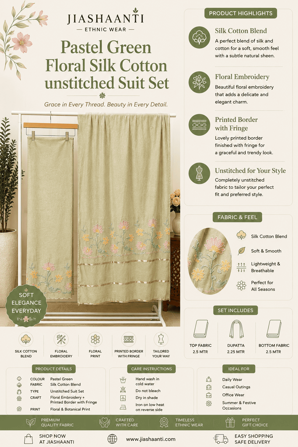 Pastel Green Hand-Painted Suit Set Fabric Texture – Jiashaanti
