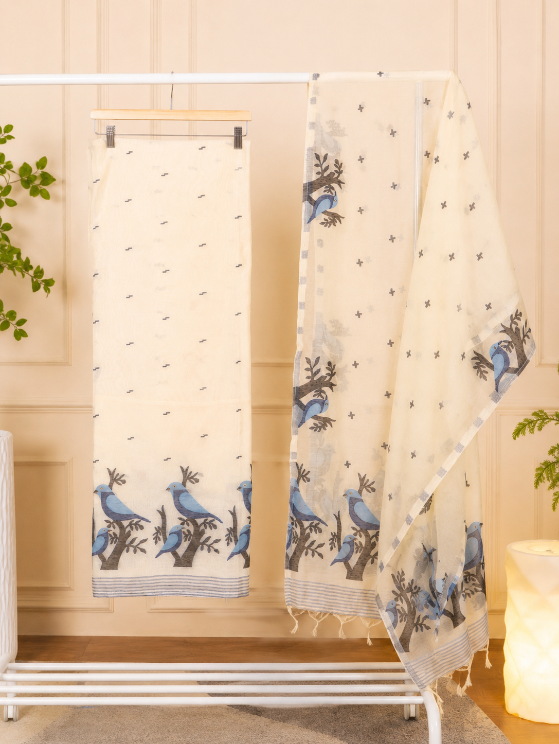 Handcrafted Ivory Cotton-Silk Block Print Suit Set with Blue Bird Motifs