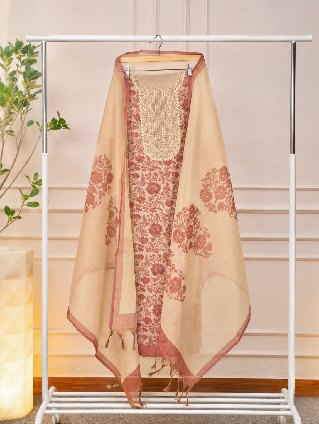 Elegant Peach & Terracotta Floral Chanderi Unstitched Suit Set