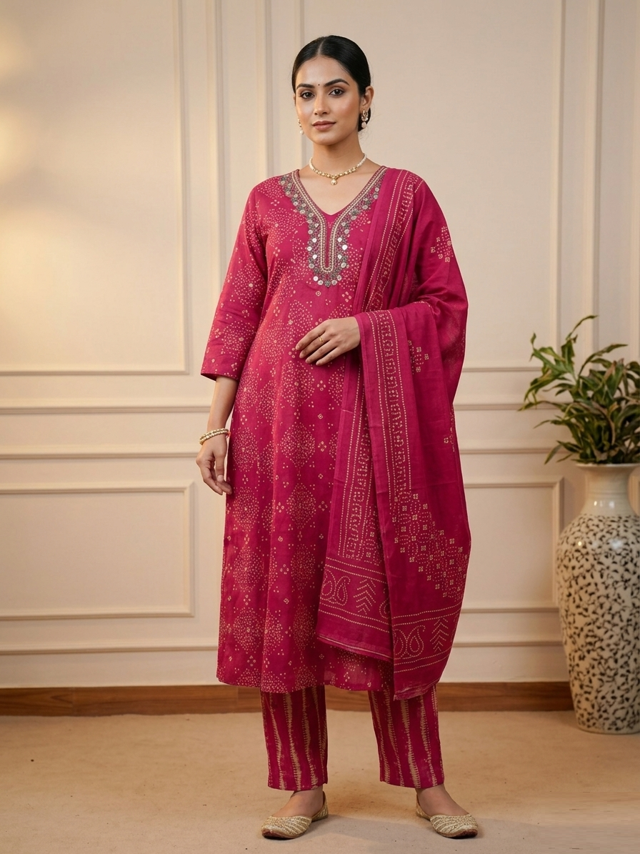 Vibrant Bloom Bandhni tie-dye stitched suit set for women — front view with colorful traditional Bandhani print, bold multicolor dots and festive ethnic silhouette
