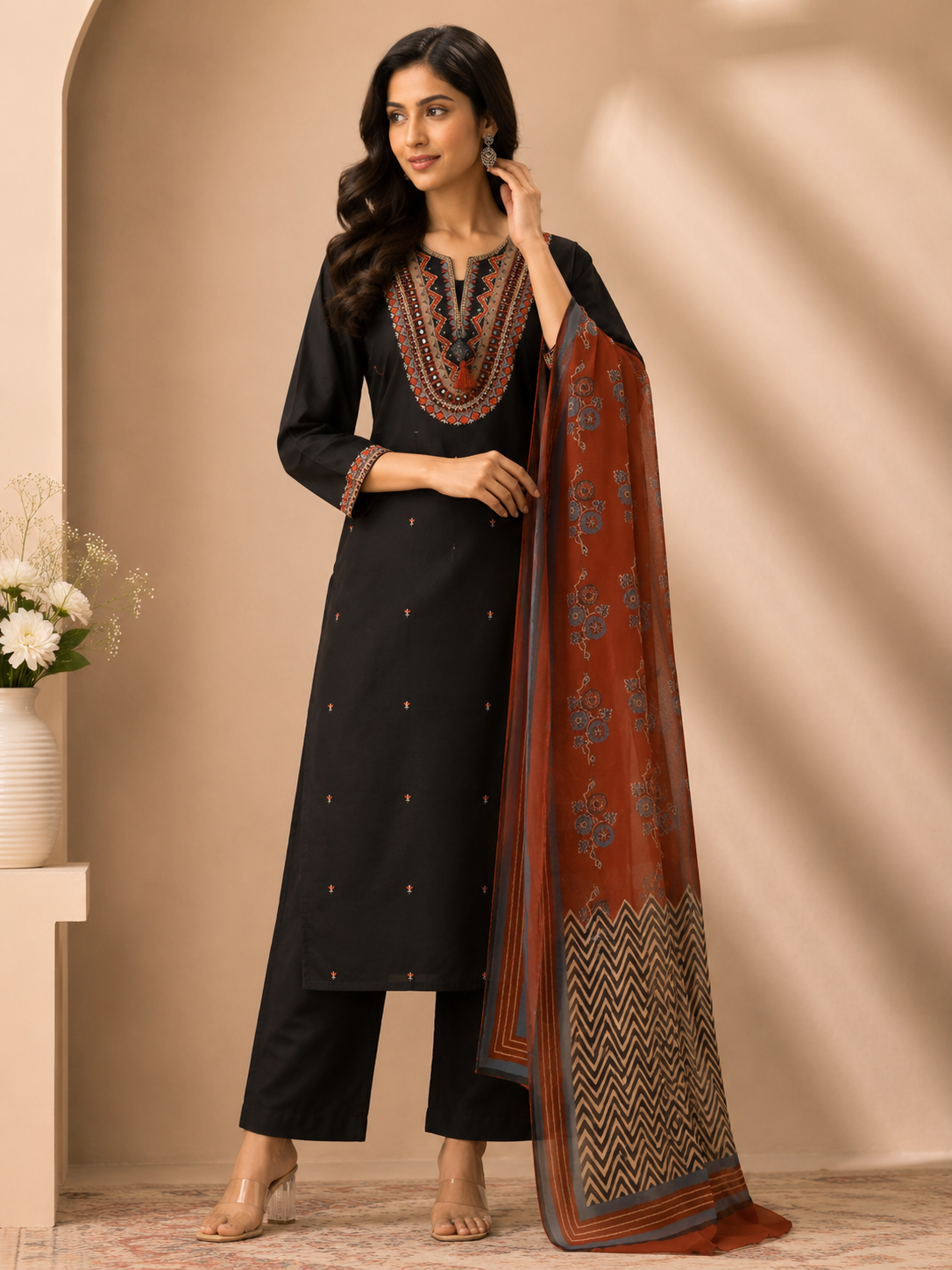 Midnight Black Ethnic Embroidered Kurta Set with Rust Printed Dupatta for women featuring intricate embroidery and traditional elegance