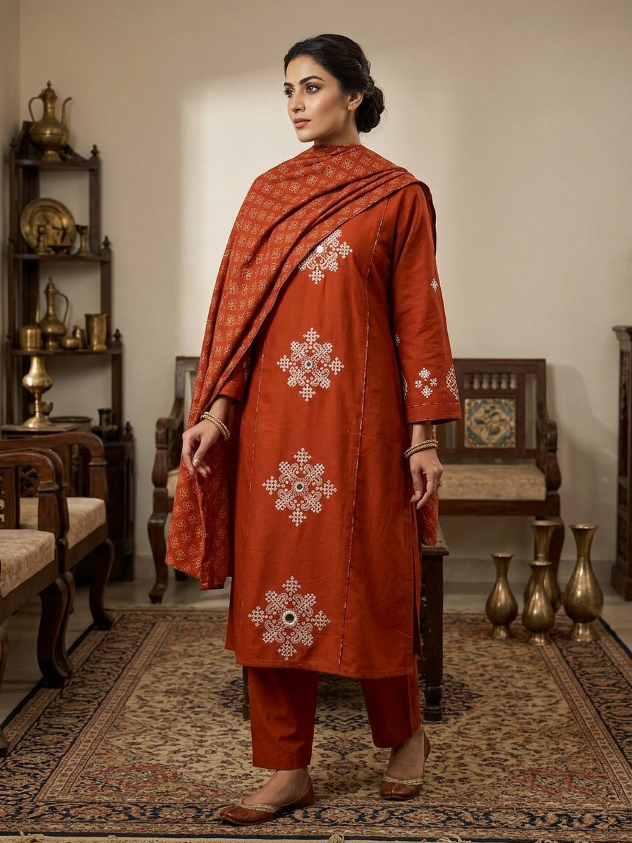 Burnt Orange Pure Cotton Ensemble Suit Set front view featuring resham thread embroidery, mirror work and traditional kalka motifs