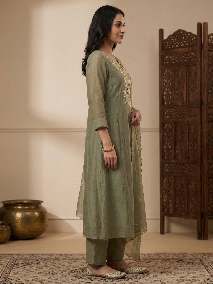 Woman Wearing Serene Cotton Mul Chanderi Festive Suit Set | Jiashaanti