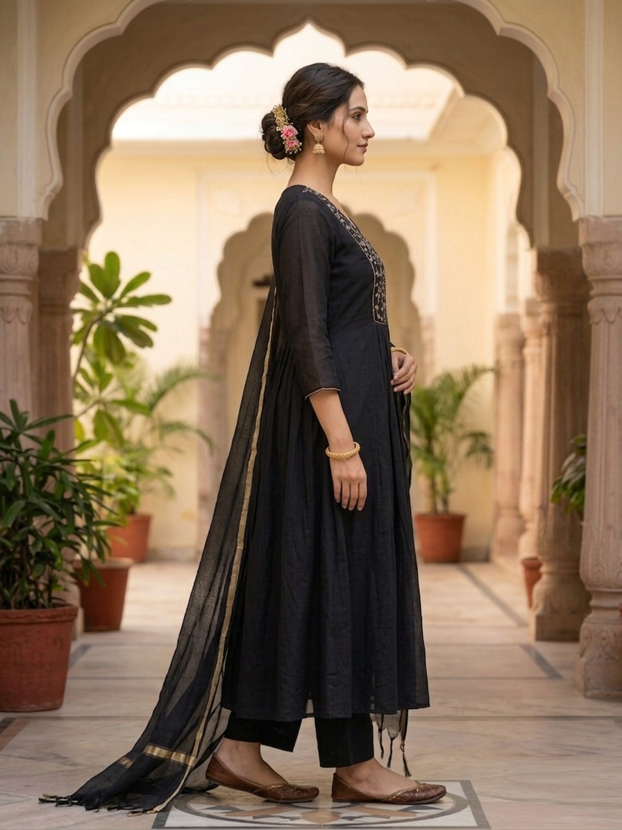 Deep Charcoal Cotton Mul Ensemble Suit Side View | Jiashaanti