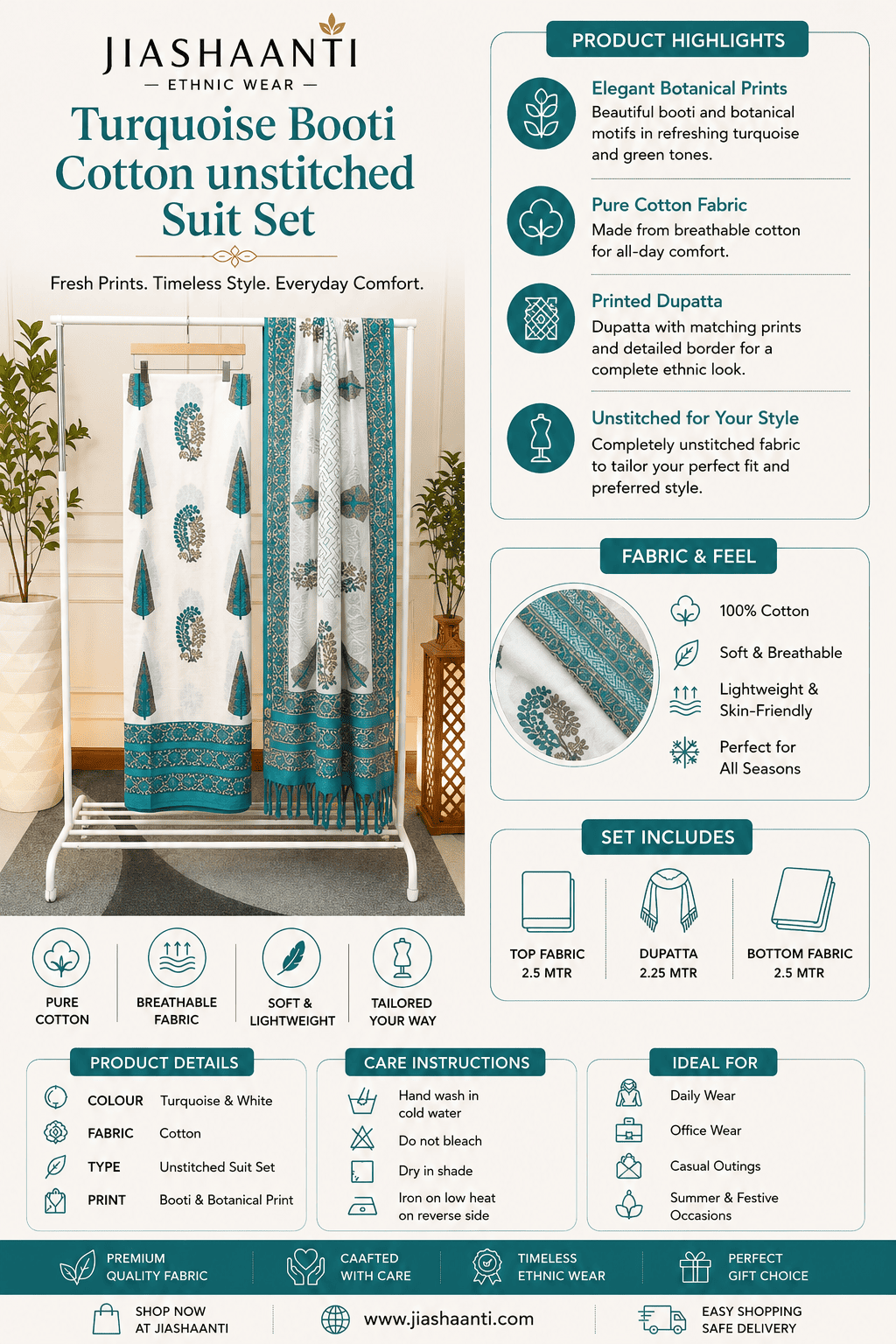 Turquoise Booti Unstitched Suit Set