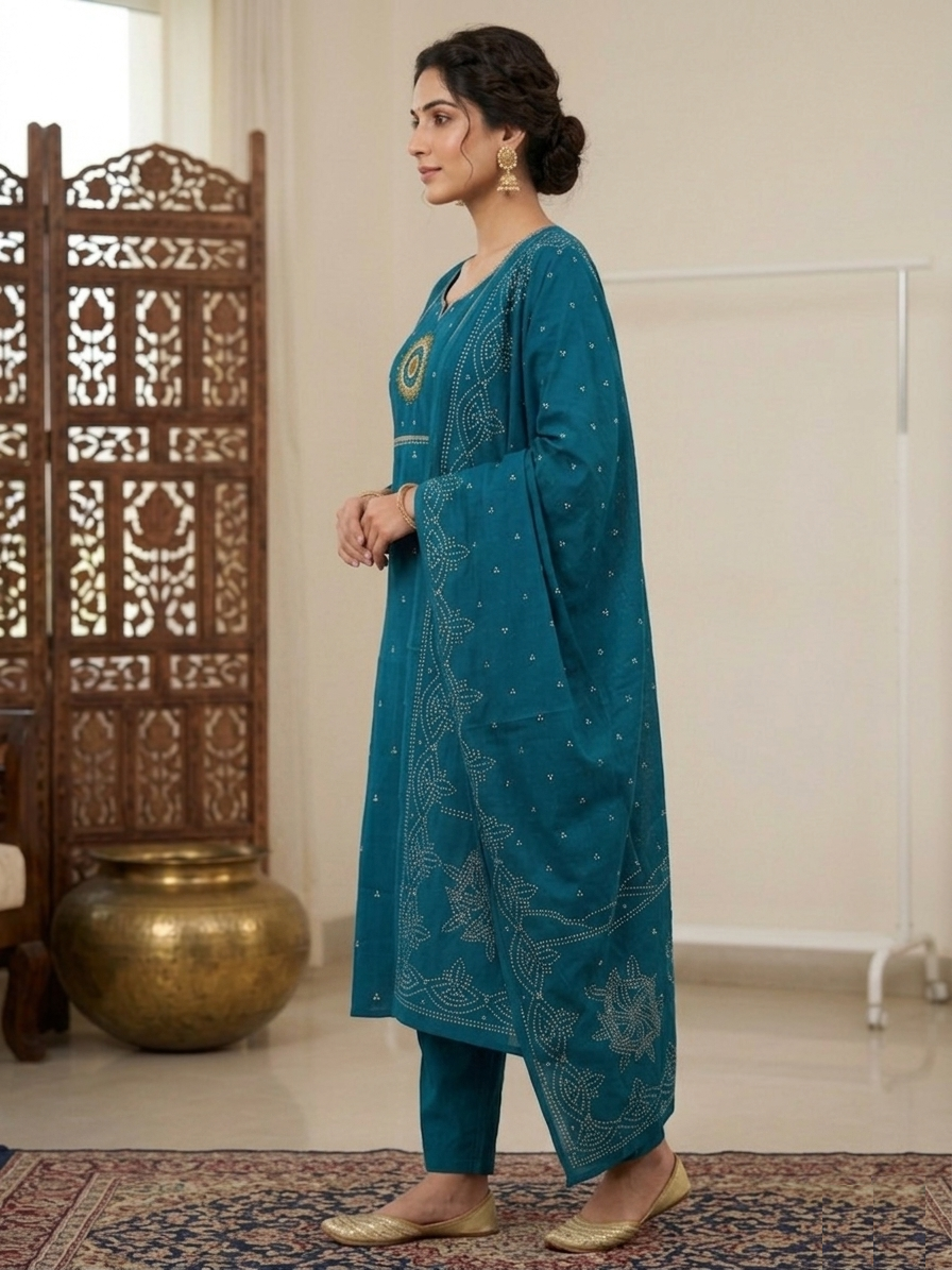 Side profile of Teal Blue Cotton Mul Chanderi Ensemble Suit Set showcasing airy fabric and sophisticated design