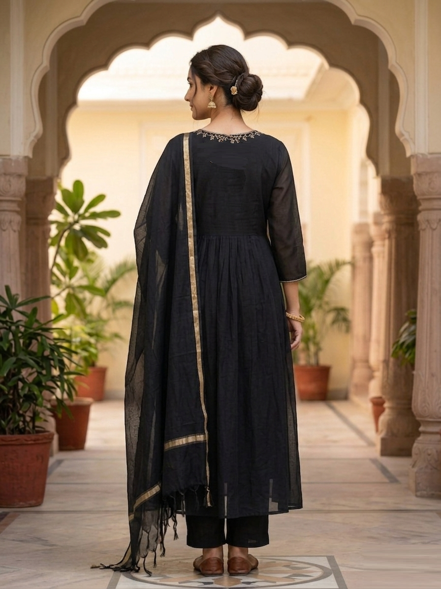 Deep Charcoal Cotton Mul Ensemble Suit Set Back View | Jiashaanti