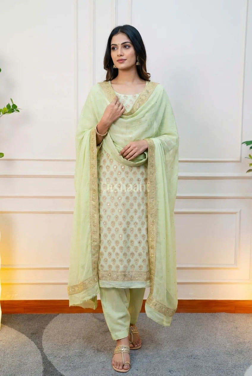 Elegant Pastel Green Embroidered Unstitched Suit Set