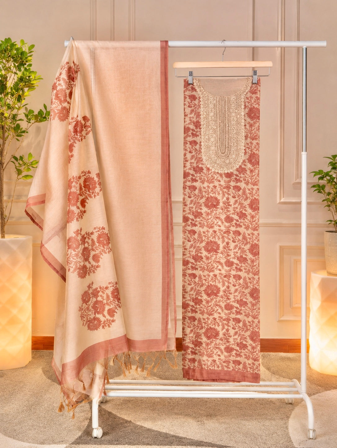 Elegant Peach & Terracotta Floral Chanderi Unstitched Suit Set