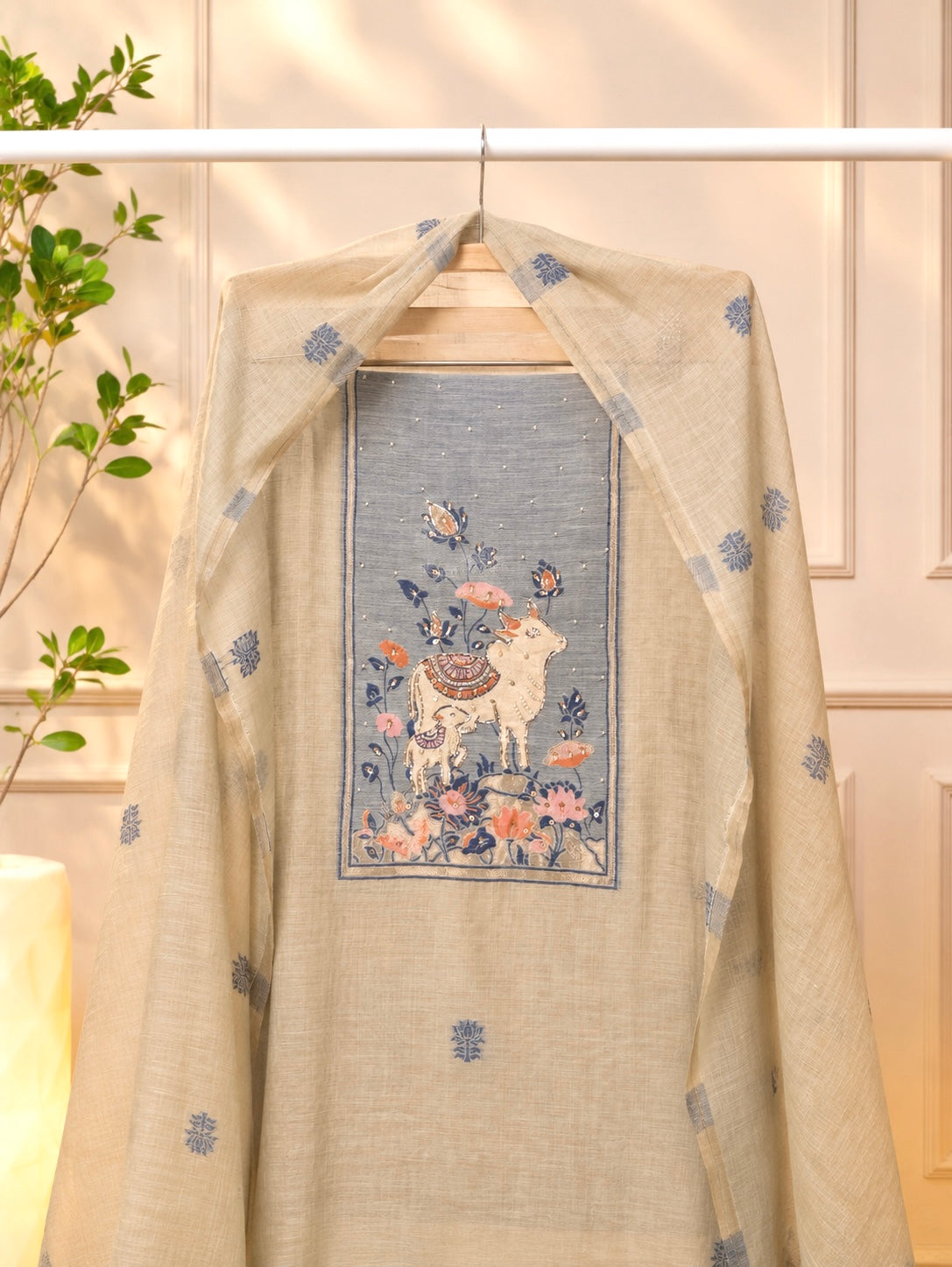 Pichwai-Inspired Sage Green Cotton-Silk Unstitched Suit Set
