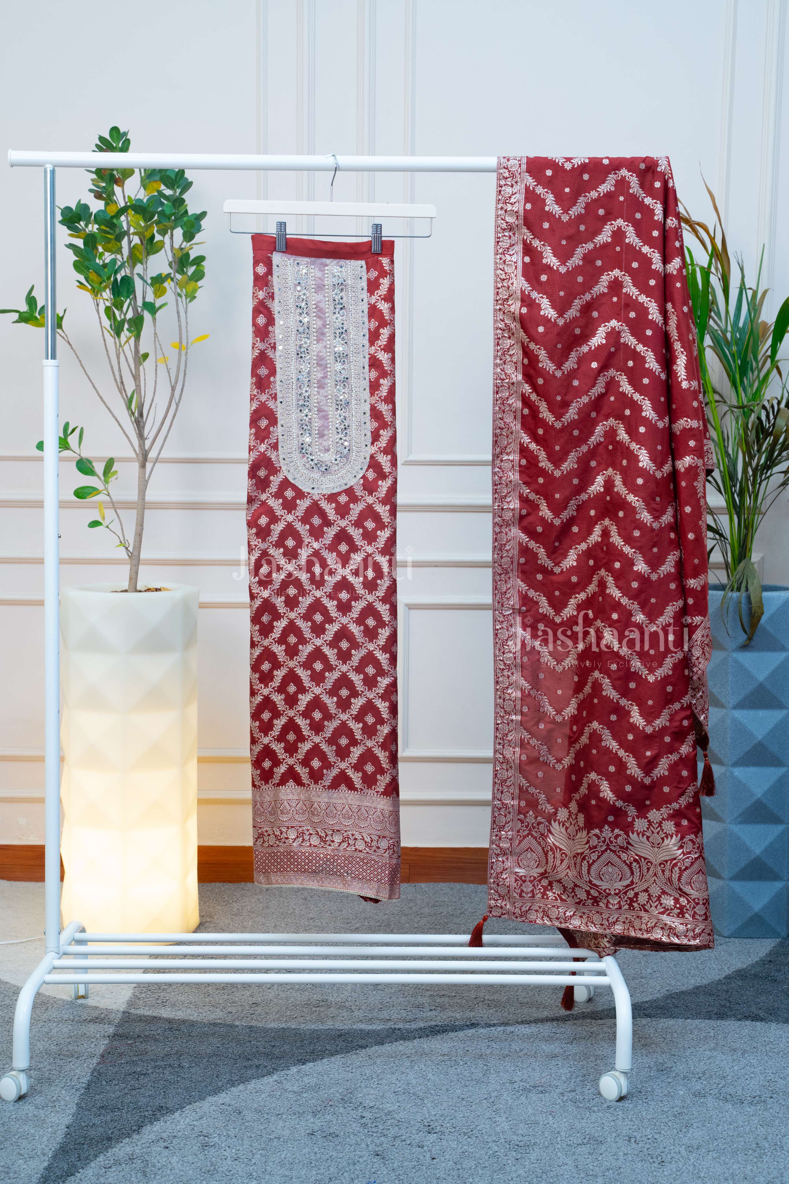 Royal Maroon Banarasi-Inspired Unstitched Set