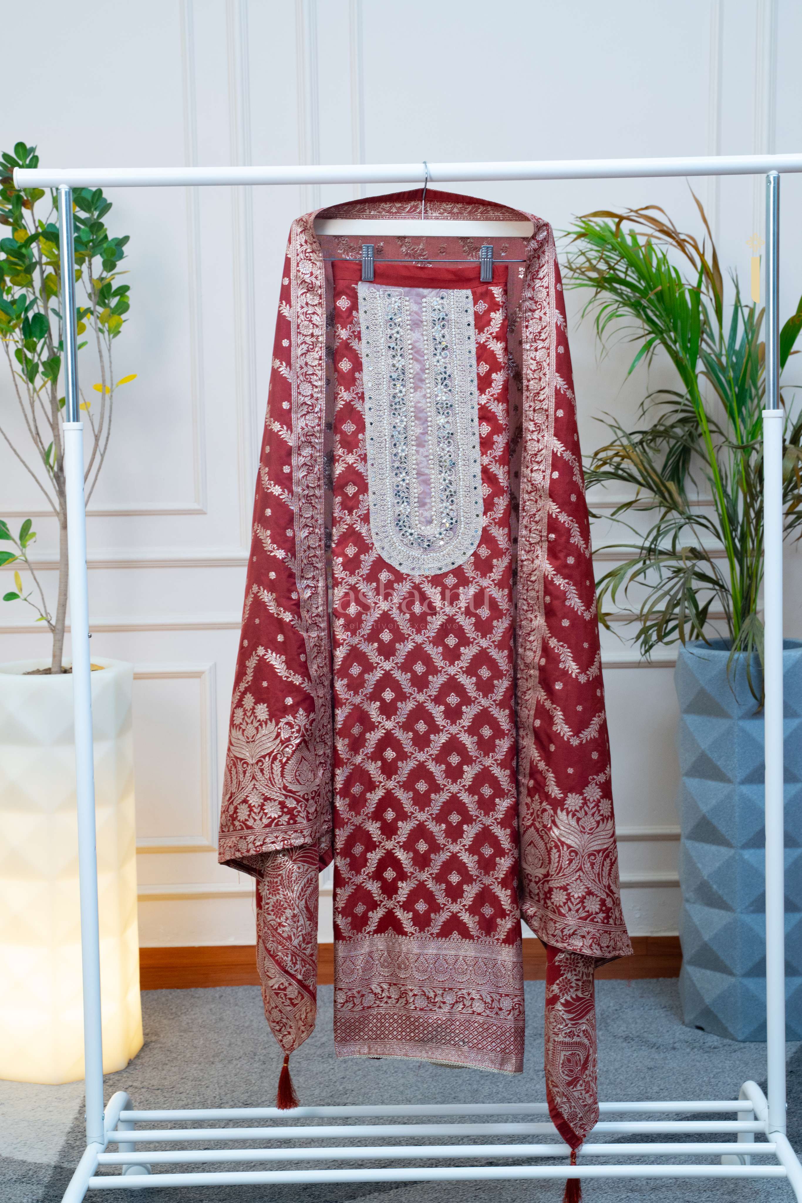 Royal Maroon Banarasi-Inspired Unstitched Set