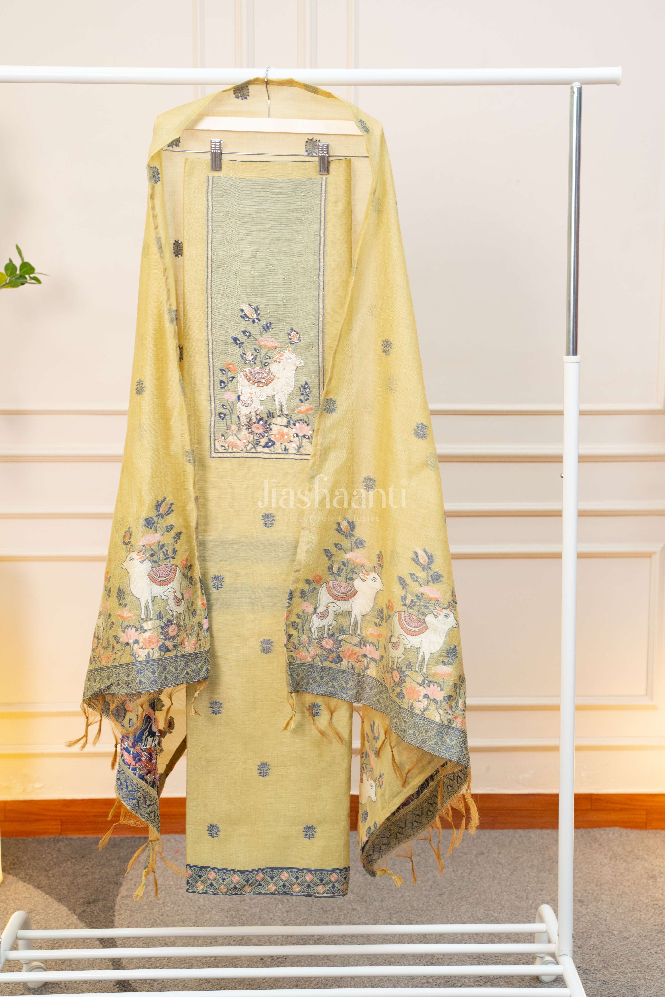 Mustard Yellow Printed Unstitched Suit Set