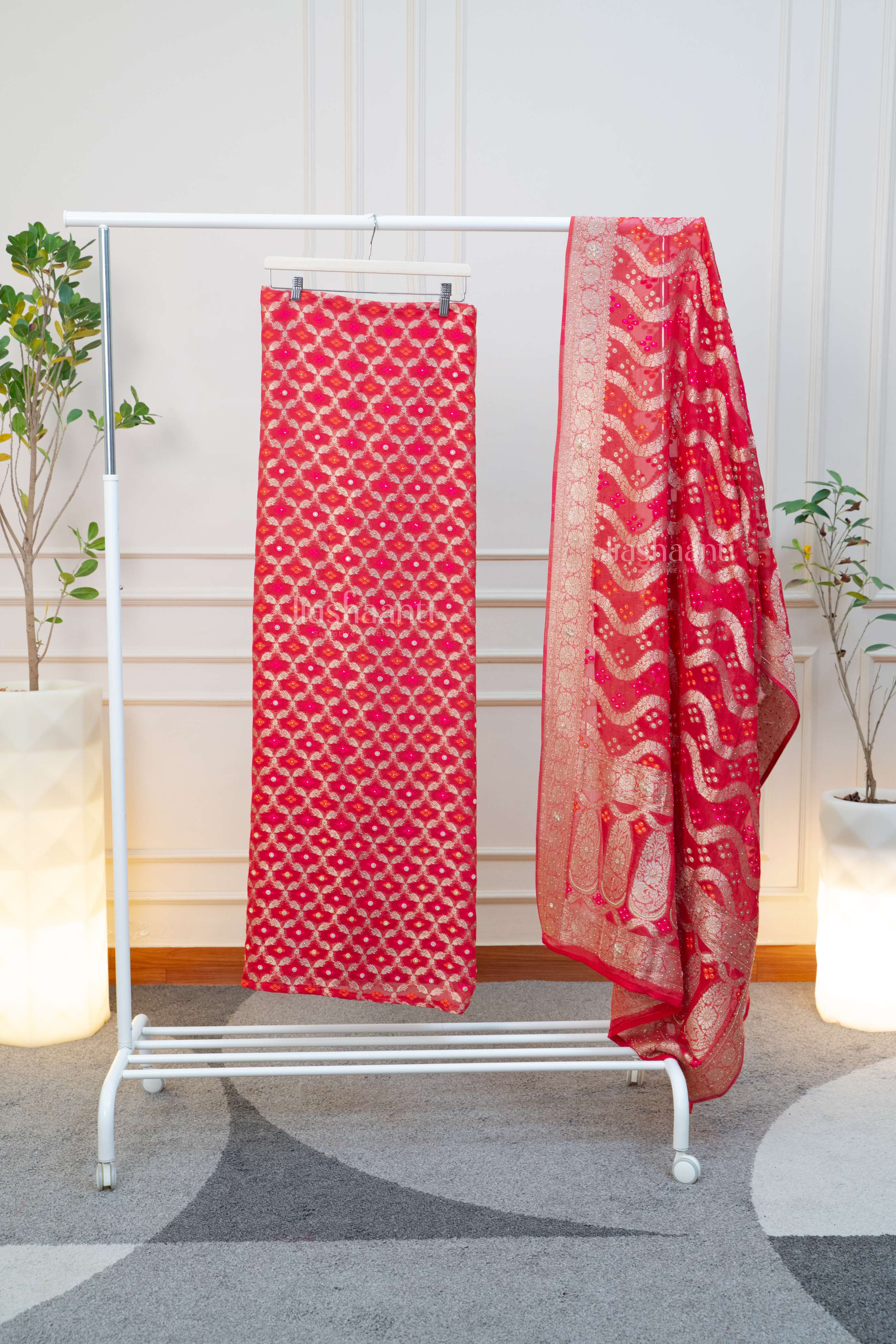 Classic Red & Gold Banarasi Unstitched Suit Set