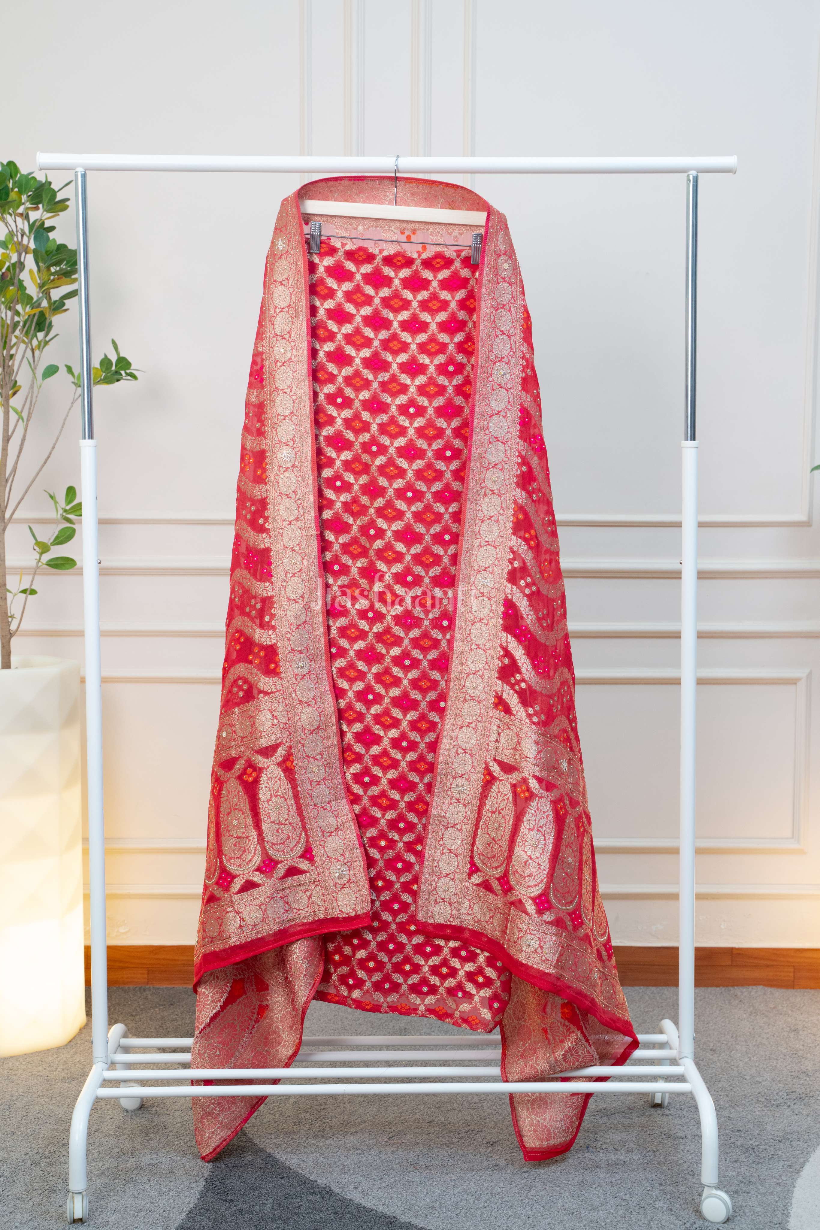 Classic Red & Gold Banarasi Unstitched Suit Set